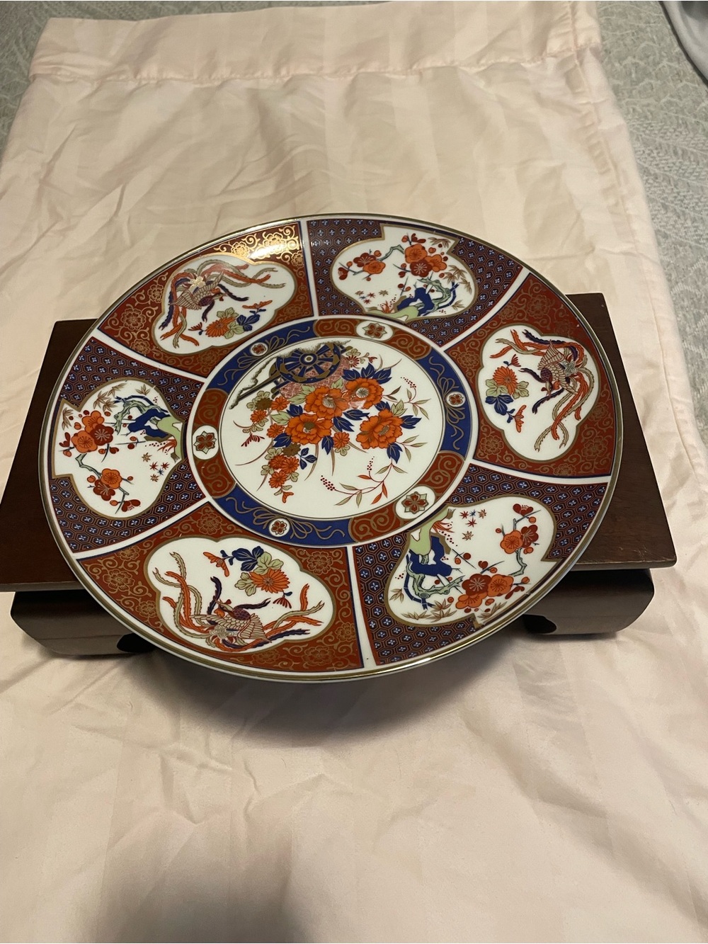 Imari-Style Porcelain Charger Plate with Blue and Rust Floral Motif